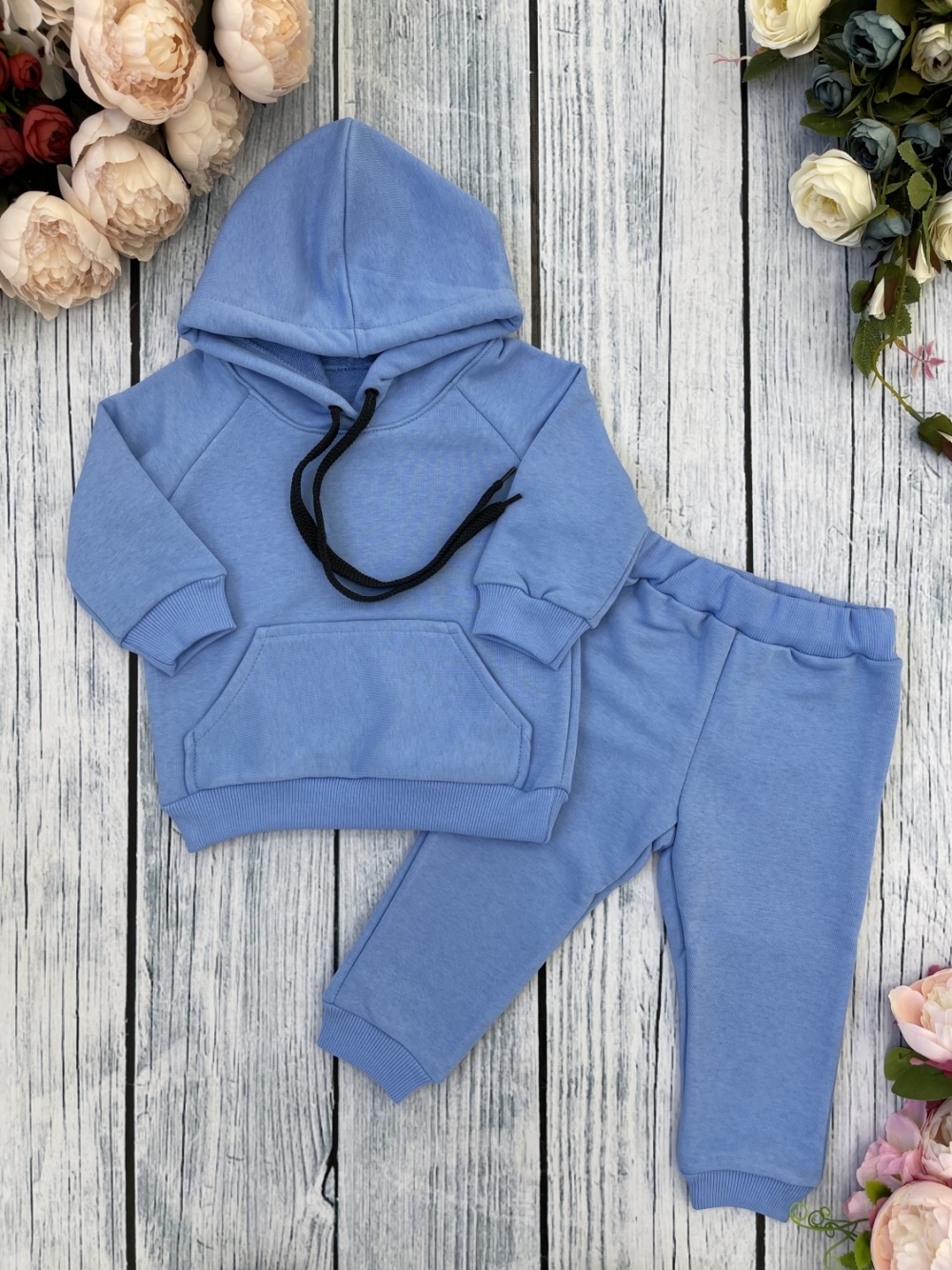 311-Г. Свитшот с капюшоном + Штаны, хлопок 65%, 35% ПЭ, 3-х нитка ( без начеса) голубой 98,104,110,116